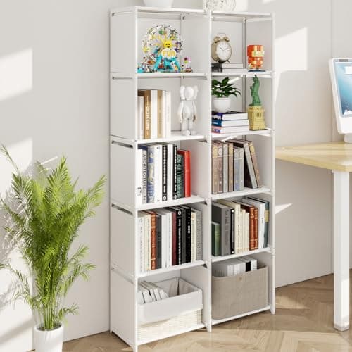 Image of CROWNSHOP Bookshelf, 5-Tiers Bookcase with Fabric Cloth at Back, 10 Cube Storage Unit, Double Row Modular Bookshelf Organiser, Living Room, Bedroom(White)
