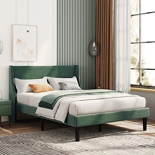 Image of Merax Double Bed Frame 4FT6 Upholstered Bed with Winged Headboard, Wood Slat Support, Strong Comfortable Double Bed, Bedroom Furniture, Soft Velvet Green