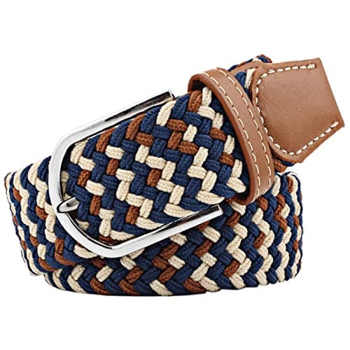 Image of JK Home 3.3cm Wide 105cm Braided Stretch Belt, Elastic Woven Waist Belts with PU Leather Buckle, Casual Men Women Canvas Belt