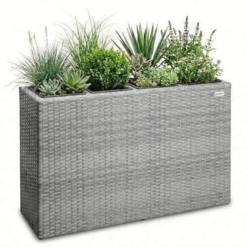Image of CASARIA® Flower Box | Large Tall Rattan Flower Pot Planter | 4 Removable Inner Plant Pots With Water Drain | Poly Rattan Mesh Trough Flower Box Planters Outdoor Garden | 95x27x60cm | Grey