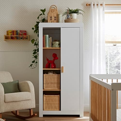 Image of CuddleCo Nola Signature Wardrobe Furniture for Baby Nursery – Stylish & Functional with 2 Rails & Shelves in White & Natural