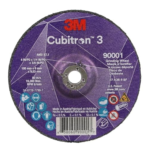 Image of 3M Cubitron 3 Depressed Center Grinding Wheel, 90001, 36+, T27, 4 in x 1/4 in x 3/8 in (100x6x9.53mm), ANSI, Precision Shaped Grain, Beveling, Weld Grinding, Heavy Deburring, Slag Removal