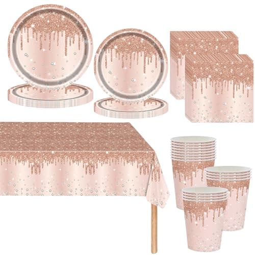Image of Rose Gold Shiny Glitter Diamond Party Tableware for Women/Girls,81pcs Rosegold Birthday Dinnerware Paper Plates Cups Napkins and Tablecloth Set for Her Birthday Gifts Party Supplies Table Décor