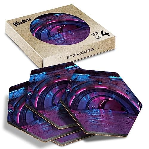 Image of 4 x Hexagon Coasters - Futuristic City Cyberpunk Neon Lights Cork Backed MDF Glossy Tea Coffee Accessory #52877