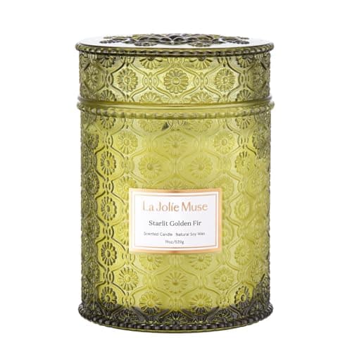 Image of LA Jolie Muse Starlit Golden Fir Scented Candle, Christmas Candles for Home Scented, Holiday Candle Gifts for Women & Men, Large Wood Wicked Candles, 90 Hours Long Burning Time, 19oz