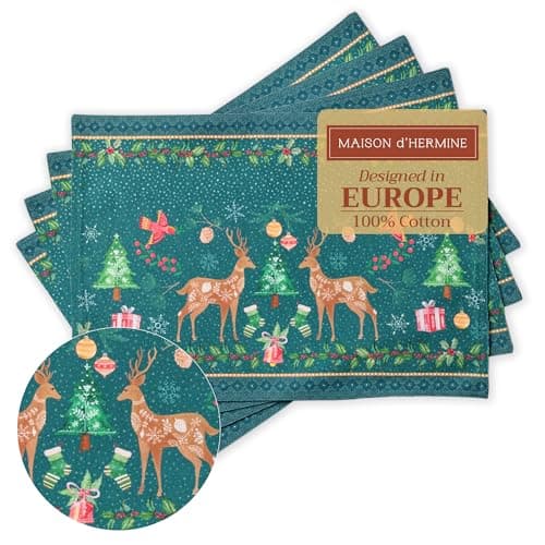 Image of Maison d' Hermine Placemats Set of 4 100% Cotton Washable Cloth Place Mats, Reusable Table Mats for Christmas Decorations Kitchen Dining Party Wedding Restaurant (Hygge Christmas, 33 CM x 48 CM)