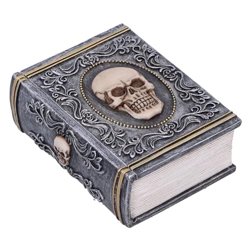 Image of Nemesis Now Grimoire Treasure Box 11cm, Resin, Grey, Skull Book Accessory Box, Horror Gift, Gold Detailing, Removable Lid, Cast in the Finest Resin, Expertly Hand-Painted
