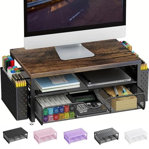 Image of Pygocereri Monitor Stand Riser, Desk Accessories and Organizer with Drawer and 2 Pen Holder, Desk Monitor Riser for Screen, Ergonomic Desktop Stand for Work Office Accessories (Wood)