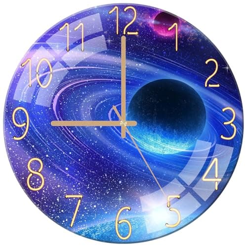 Image of ALEENFOON Glass Wall Clock 12 Inch Silent Non Ticking Quality Quartz Battery Operated Round Wall Clocks for Kitchen Living Room Bedroom Hallway Office (Cosmic Planet)