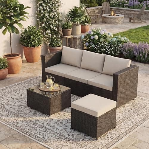 Image of Garden Vida Hampton 4 Seater Corner Rattan Seating Set | Brown | Complete Outdoor Garden Patio Furniture Set | Steel Frame & PE Wicker Construction | UKFR Certified | Weather Resistant, With Cushions