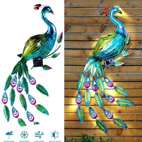 Image of Yorkshire Homeware Automatic Solar Powered Peacock Wall Light Stunning Garden Decorative Lights Solar Lights Outdoor Garden Decoration Pathway Lights Solar Garden Ornaments Metal Wall Art