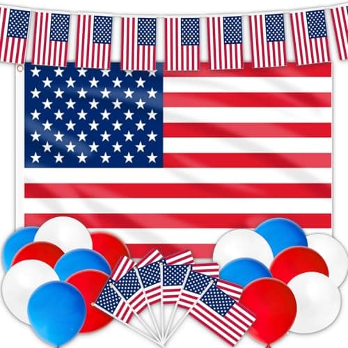 Image of AhfuLife American USA Flags Set for 4th July Decorations, 1pcs 5 * 3ft America Flag, 30pcs American Bunting, 10pcs USA Handheld Flags and 15pcs Balloons for Memorial Day Independence Day Veterans Day