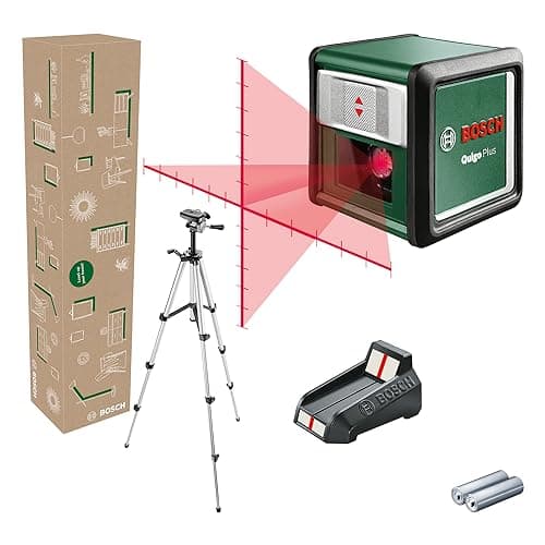 Image of Bosch Cross line Laser Quigo Plus with Tripod (Easy Alignment at Equal and Variable Distances Thanks to Markings on the Laser line, in E-Commerce Cardboard Box)