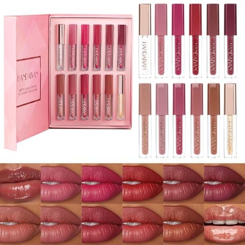Image of 12PCS Lip Gloss Set, Shiny & Matte Lip Glow Oil, Long-Lasting Lip Glaze for Women & Girls, Non-Sticky Lip Makeup Kit with Hydrating Formula, Book Style Velvet Matte Liquid Lipstick Gift Set
