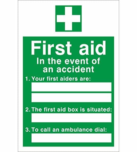 Image of Pack of 2 First Aid in The Event of an Accident Signs 200 mm x 300 mm - Self Adhesive