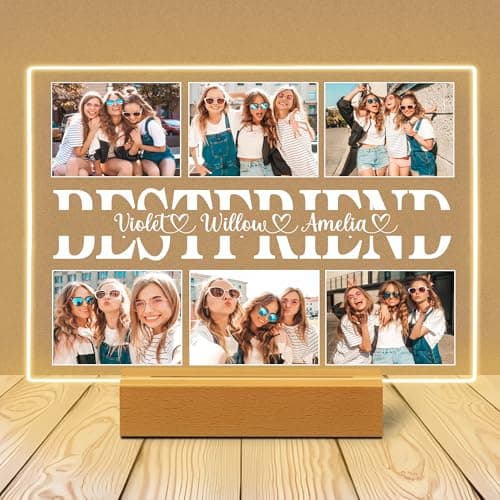 Image of WMDIY Personalised Best Friend Birthday Gifts for Women, Customised Acrylic Plaque LED Wood Frame with Photos Night Light, Funny Christmas Holiday Friendship Gifts for Bestire BFF Sister
