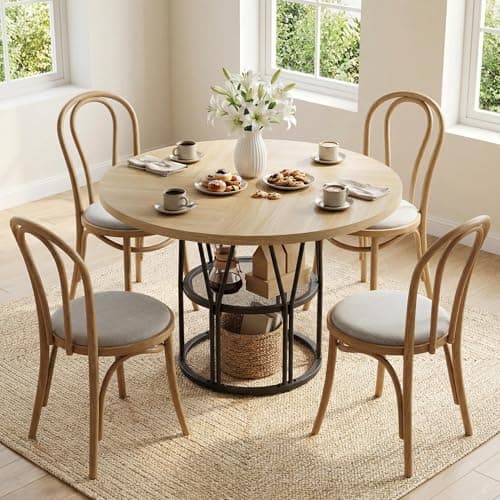 Image of Crevyteg 47'' Round Dining Table for 4-6, Wooden Kitchen Table with Storage Shelf & Metal Base, Modern Dinner Table, Breakfast Table for Living Room,No Chair, Oak