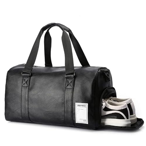 Image of UBAYMAX Mens Black Leather Sports Duffle Gym Bag with Shoes Compartment and Wet Pocket, 37L Waterproof PU Leather Weekend Travel Overnight Bag for Men Holdall Bag Carry on for Basketball Swim Dance