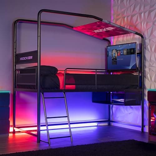 Image of X-Rocker Contra Mid Sleeper Bed, TV Gaming Bed with Storage, 4-Way Build Black Metal Bed Frame with Multi-Placement Ladder. 32" TV Mount for Boys and for Girls with 90x190cm Mattress Included - BLACK