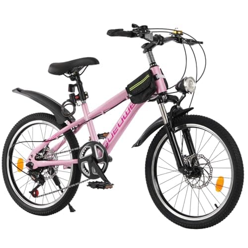 Image of LNRLZYLS Kids Bike for Boys & Girls Ages 7–12, 20/24 Inch Mountain Bicycle with 7-Speed Gear, Dual Disc Brakes, Suspension Fork, LED Headlight – Youth Bike for Outdoor Riding (Pink, 24 inch)