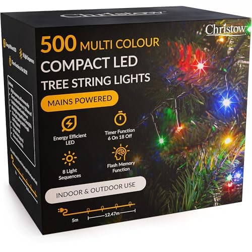 Image of CHRISTOW 5ft Christmas Tree Lights, 500 Multi-Coloured LED Fairy Lights with Timer, 8 Light Modes, Energy Efficient 3mm LEDs, Indoor & Outdoor, Mains Powered, Green Cable (12.47m Lit Length)