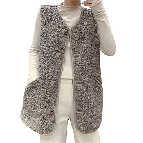 Image of OVARA Women's Fleece Gilet Longline Sleeveless Cardigans with Pockets Ladies Button Down Warm Thermal Vests Casual Elegant Comfy Sleeveless Teddy Jacket Long Gilets