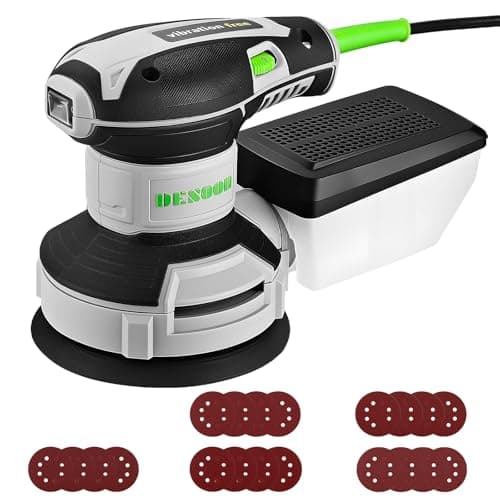 Image of DESOON Random Orbit Sander 300W with 20Pcs Sandpapers, 6 Variable Speed 14000RPM, 125mm Sander with Brake System and Dust Extraction for Sanding, Polishing Wood, DIY, Home