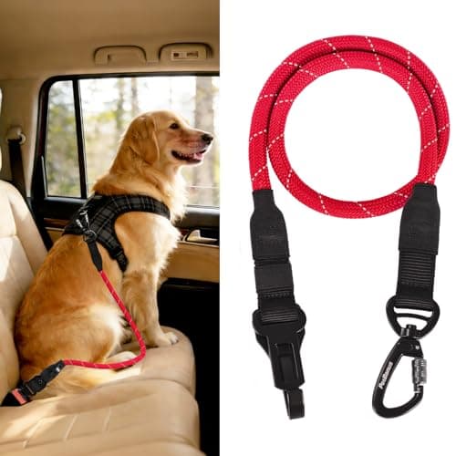 Image of PetBonus Dog Seat Belt for Car, Durable Rope Dog Car Harness Seatbelt for Vehicle, Pet Tether Safety Restraint with Heavy Duty Buckle Hook Latch Lockable Clip for Small Medium Large Breeds (Red)