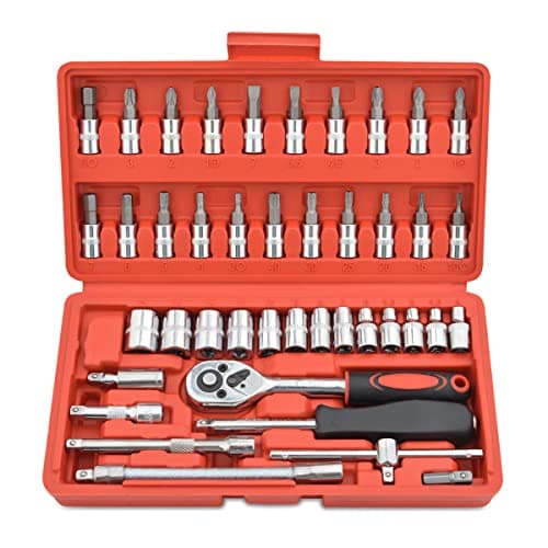 Image of Gunpla 46 Piece 1/4" Drive Socket Wrench Driver Bits Metric Set Flexible Extension Rods with Reversible Ratchet Spanner for Car Bicycle Motor