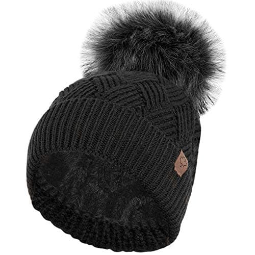 Image of RockJock Ladies Warm Chunky Diamond Cable Knit Hat with Thermal Teddy Fleece Lining and Detachable Faux Fur Pompom-Black