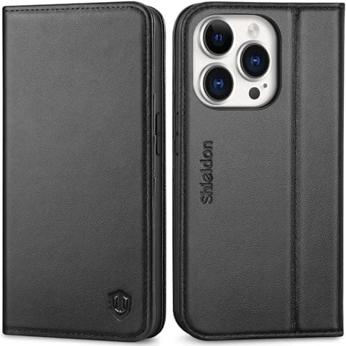 Image of SHIELDON Case for iPhone 14 Pro 5G, Genuine Leather Wallet Case with [RFID Blocking][Card Holder][Magnetic][Book Style] Shockproof Protective Folio Phone Case Compatible with iPhone 14 Pro 6.1", Black