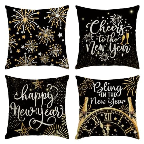 Image of Artoid Mode Fireworks Cheers Black and Gold 2026 Happy New Year Cushion Covers Set of 4, 45x45 cm Decorative Pillow Case Cover Sofa Living Room Decor
