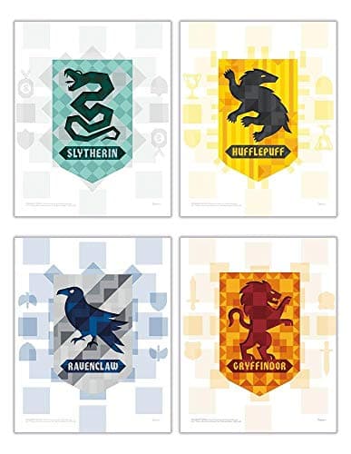 Image of Trendyprint Harry Potter Wall Art Hogwarts House Flags Gryffindor Hufflepuff Slytherin Ravenclaw Geometric Design Set of 4 8 x 10 inches for Gift and Collect
