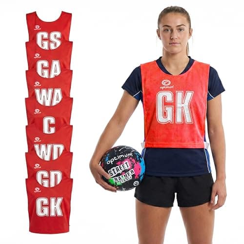 Image of Optimum Mesh Netball Training Bibs -Perfect for Netball, Football, Rugby - Seniour Size. Pack of 7, Red