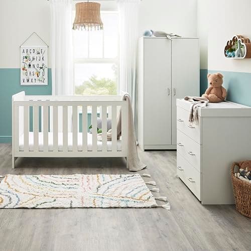 Image of Babymore Caro Mini 3 Piece Nursery Room Set White Wash - 1 Baby Cot Bed & One 2 Door Wardrobe With Hanging Rails & 1 Chest Changer, Wooden Chest Of Drawer Storage Cabinet | 3 Piece Room Furniture Set