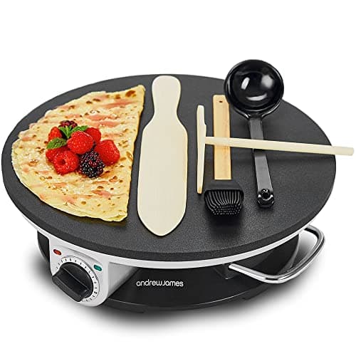 Image of Andrew James Crepe Maker, Pancake Maker, 13 Inch Non-Stick Electric Crepe Maker, 1200W Adjustable Temperature Hotplate, Electric Pancake Griddle, Includes 4 Accessories, Up To 250°C