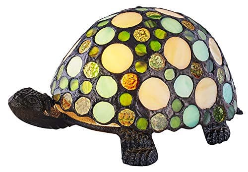Image of Happy Homewares Uniquely Handmade Green and Amber Pebble Glass Tortoise Tiffany Lamp with Antique Bronze Resin Base