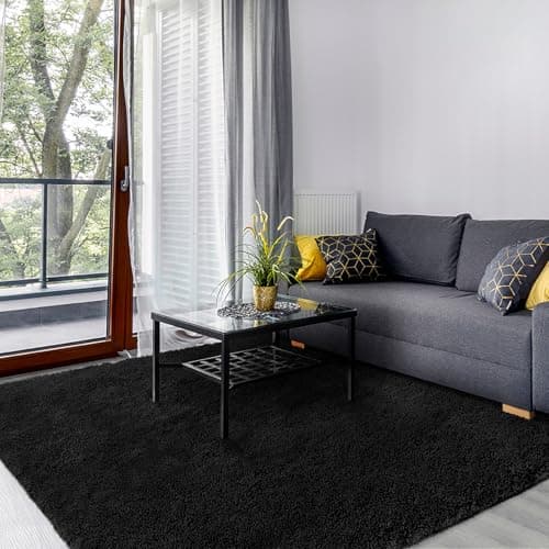 Image of SOANNY Rugs Living Room, Black Soft Fluffy Shaggy Solid Carpet for Bedroom Dorm Bedside Lounge Office, Non-Slip, Machine Washable, Throw Rug for Home Decor, 120x170cm