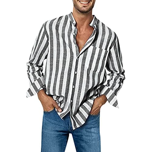 Image of Men's Shirts Long Sleeve Striped Casual Shirt Linen Shirts Button Down Shirt Regular Fit Blue and White Striped Tops, Long Lasting Comfort Top for Men Light Work Shirts Beach Shirt M-3Xl