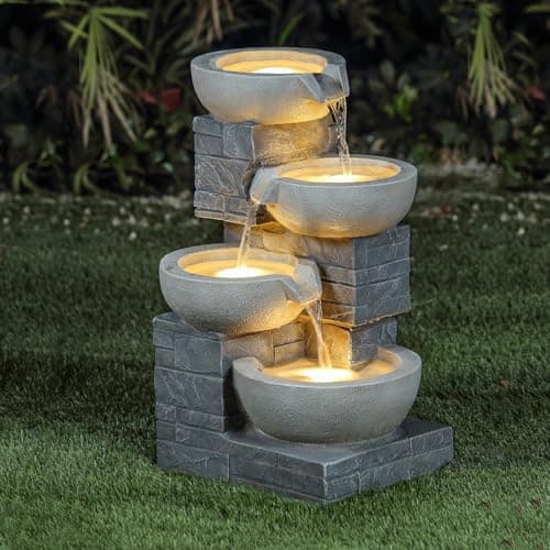 Image of CHARLES BENTLEY 4 Tier Cascading Water Feature, Grey Brick Finish, Self Contained, 50HZ Pump, 220-240V, 10L Capacity, UV & Frost Resistant, 3 Built In LED Lights, 5m Cable (55.5x37x31cm)