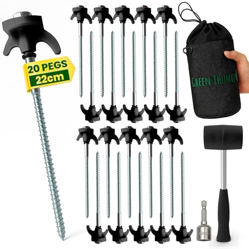 Image of Heavy Duty Tent Pegs - 22cm x 20 Pack Black Hard Ground Tent Pegs with Storage Bag, Carabiner, Rubber Rings, Socket Bit and Mallet - Galvanized Camping Pegs for Outdoor