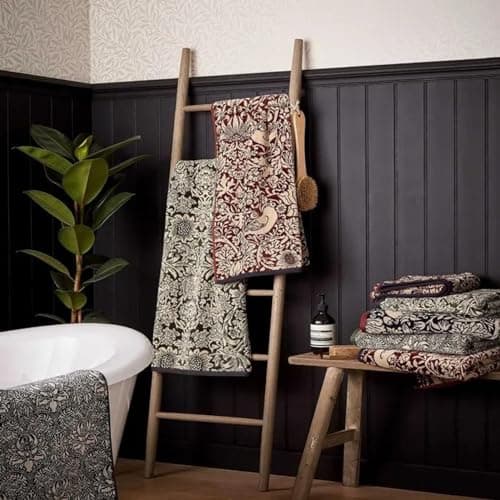 Image of Morris & Co Strawberry Thief Towel Red 60% Cotton/40% Modal (Bath Towel)
