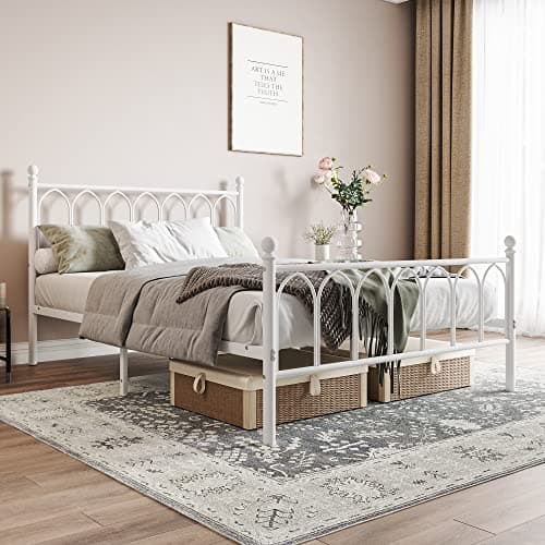 Image of JELUTE Double Metal Bed Frame 135 x 190 cm with Headboard and Footboard Heavy Duty Foundation,Metal Slat Support,White,