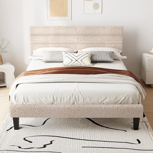 Image of Bonnlo 4ft6 Double Bed Frame,Noise-Free Upholstered Platform Bed with Adjustable Headboard & Under Bed Storage-Sturdy Wooden Slat Support-No Box Spring Needed, Loop Yarn Fabric, White, 135 x 190 cm