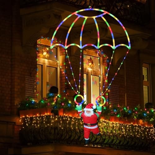 Image of Moxled Christmas Decorations Outdoor - 2.8ft LED Parachute Christmas Lights with Santa Claus, Waterproof 8 Modes Battery Lights for Roof Window Door Wall Garden Decor (Multicolor)