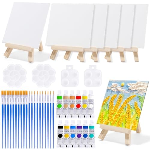 Image of Mini Canvas and Easel Set: 51pcs Art Canvas Painting Set Includes 4x4 Inches Canva, Mini Wooden Easel, 10 Paint Palettes & 12 Acrylic Paint and 20 Paint Brushes for Beginners, Adults and Art Party