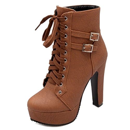 Image of Onewus Fashion Women Lace-up Platform Boots High Block Heel Ankle Booties Brown