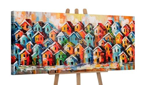 Image of YS-Art Original Handmade Colorful Houses Painting, Textured Abstract City Village on Acrylic Canvas, Modern Landscape Wall Art for Living Room or Kitchen 115x50 cm