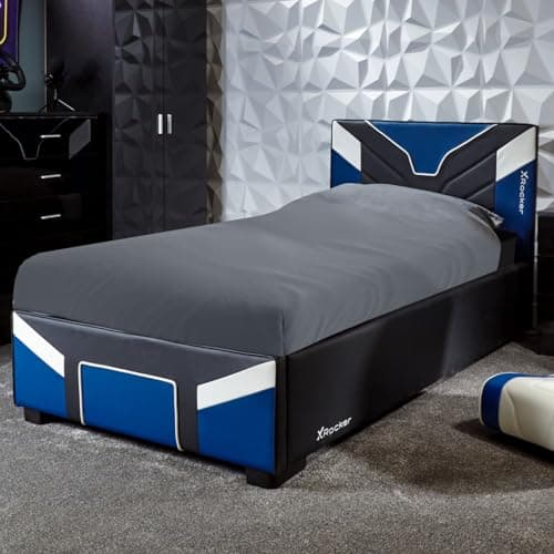 Image of X-Rocker Cerberus Ottoman MKII Gas Lift Upholstered Platform Bed Frame with Storage Ottoman Gaming Bed with Hydraulic Lifting Under Bed Storage Single 3ft BLUE BLACK WHITE - 90x190cm Mattress Included