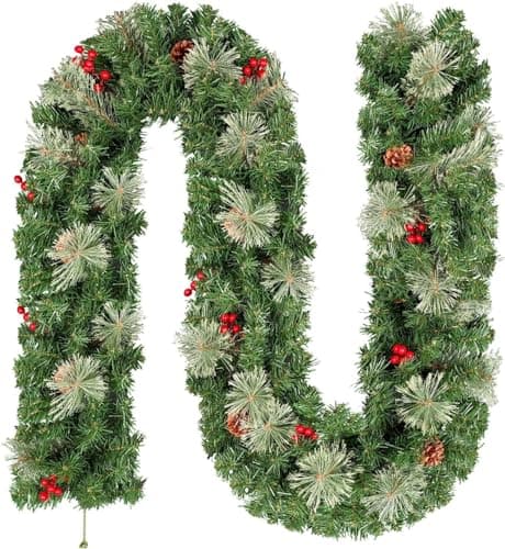 Image of 9FT/2.7m Christmas Garland, Uten Fireplace Garland Christmas, Green Christmas Garland with Pine Needles, Pine Cones Red Berries Artificial Wreath Garland for Fireplace Stairs Door Xmas Tree Decor